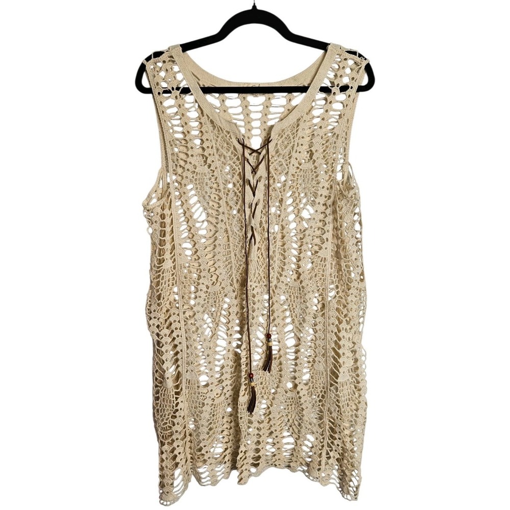 Easel Crochet Tunic Swim Cover Top Sz L Boho Festival Beach Ivory
